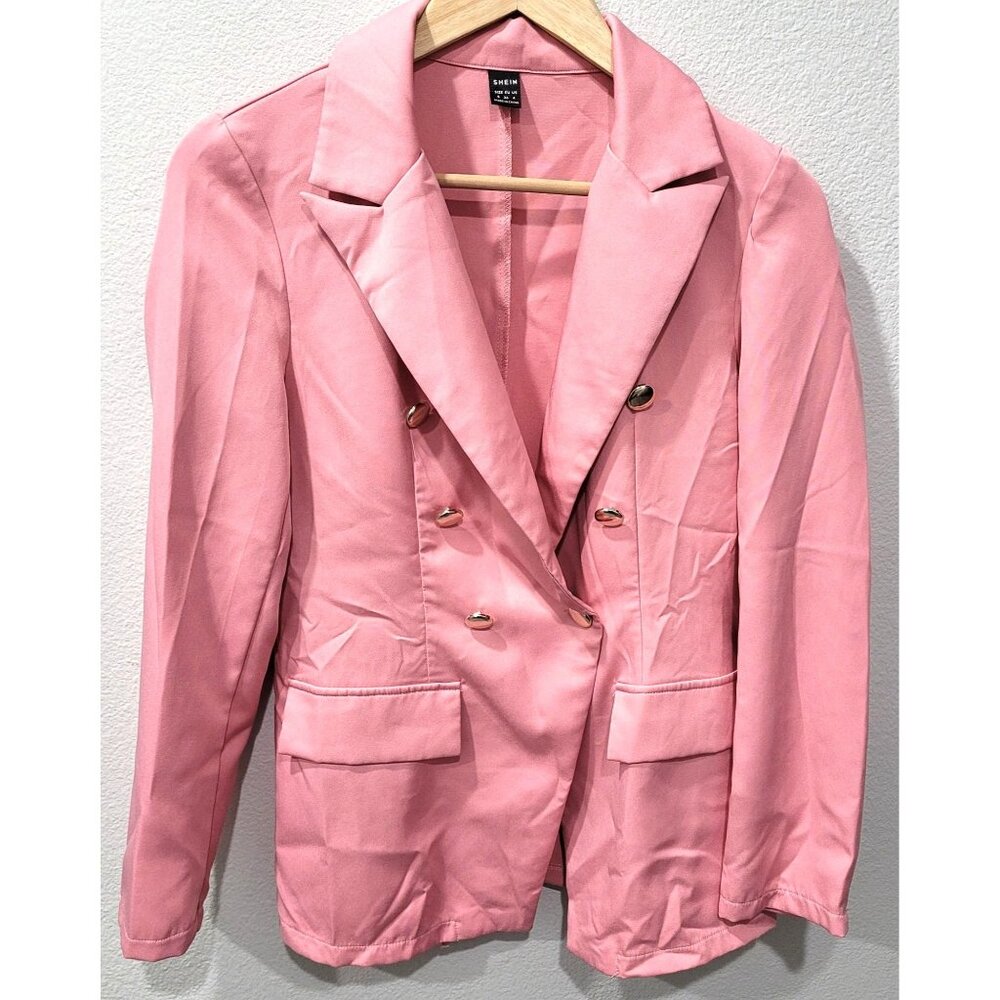 Shein Pink Double-Breasted Blazer with Gold Tone Buttons Size S